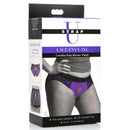Lace Envy Crotchless Panty Harness 3XL packaging with purple design and O-ring for strap-on use.