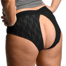 Lace Envy Black Crotchless Panty Harness 3XL shown from the back, highlighting its lace design and open cut.