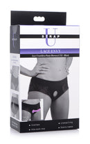 Strap U Lace Envy Black Crotchless Panty Harness L-XL packaging with product features highlighted.