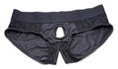 Strap U Lace Envy Black Crotchless Panty Harness L-XL featuring a crotchless design and lace details.