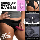 Lace Envy Black Crotchless Panty Harness 3XL showcasing a comfortable design with an O-ring for strap-on dildos.
