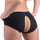 Strap U Lace Envy Black Crotchless Panty Harness L-XL featuring a lacy design with a comfortable elastic waistband.