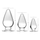 Master Series Triple Cones 3 Piece Anal Plug Set Clear with small, medium, and large graduated plugs.