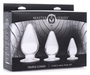 Master Series Triple Cones 3 Piece Anal Plug Set Clear packaging showing three graduated anal plugs.
