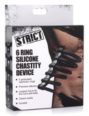 Strict 6 Ring Silicone Chastity Device Black packaging showcasing six graduated restriction rings and durable silicone design.