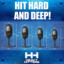 Heavy Hitters Premium Silicone Weighted Anal Plug XL Black sizes and weights display, showcasing 13.4 oz, and more.