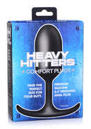 Heavy Hitters Premium Silicone Weighted Anal Plug XL Black packaging showcasing product details and dimensions.