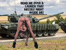 NextGen Dolls GI Jane Fantasy Love Doll posed playfully in front of a military tank for unique fantasy role-play.
