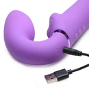 Close-up of Strap U 10X G-Pulse Vibrating Strapless Strap-On Purple with USB charging cable.