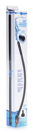 CleanStream 20 Inch Silicone Nozzle Enema Attachment Black packaging and product features.