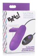 Bang 7X Pulsing Silicone Bullet Vibrator Purple packaging showcasing its powerful pulsation feature.