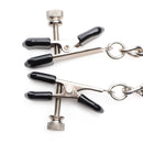 Master Series Titty Taunter Nipple Clamps with Weighted Bead close-up showing adjustable rubber-tipped clamps.