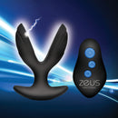 64X Electro-Spread Vibrating and Estim Silicone Butt Plug next to its remote control on a dynamic background.