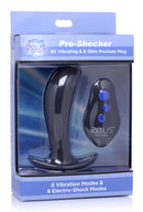 Zeus 64X Pro-Shocker Vibrating and E-stim Prostate Plug in packaging with control remote and features.