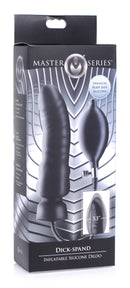 Master Series Dick-Spand Inflatable Silicone Dildo Black packaging showing details and hand bulb for inflation.