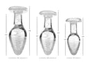 Booty Sparks Glow-In-The-Dark Glass Anal Plug Large in three sizes showcasing their dimensions and glass design.