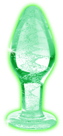 Booty Sparks Glow-In-The-Dark Glass Anal Plug Large glowing green glass anal plug with swirling design.