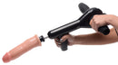 Lovebotz Pro-Bang Sex Machine with Remote Control in hand, featuring adjustable thrusting capabilities.
