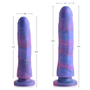Strap U Magic Stick Glitter Silicone Dildo 9.5 Inch next to 8.4 inch version, showcasing dimensions and colorful design.