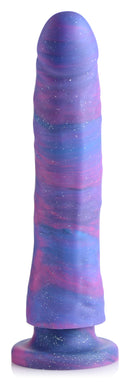 Strap U Magic Stick Glitter Silicone Dildo 9.5 Inch in pink and purple colors with glitter and suction cup base.