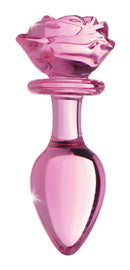 Booty Sparks Pink Rose Glass Anal Plug Large with a decorative pink rose base.