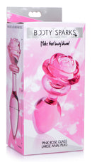 Booty Sparks Pink Rose Glass Anal Plug Large packaging featuring a decorative pink rose design.