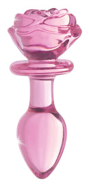 Booty Sparks Pink Rose Glass Anal Plug Medium with rose-shaped base and smooth glass body for elegant anal play.
