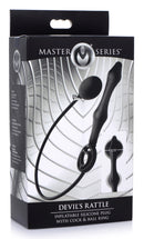 Devils Rattle Inflatable Anal Plug with Cock and Ball Ring packaging showing silicone design and features.