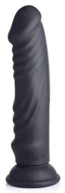 E-Stim Pro 5x Vibrating Dildo with Remote Control, black silicone vibrator with phallic shape and textured surface.