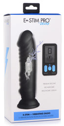 E-Stim Pro 5x Vibrating Dildo with Remote Control packaging featuring premium silicone and remote options.