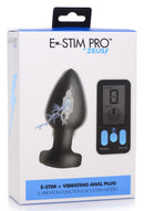 E-Stim Pro Silicone Vibrating Anal Plug with Remote Control packaging featuring multiple vibration settings and e-stim technology.