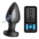 E-Stim Pro Silicone Vibrating Anal Plug with Remote Control alongside its remote, showcasing e-stim and vibration features.