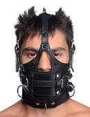 Strict Leather Head Harness with Removable Gag on a model showcasing its sturdy design and adjustable features.