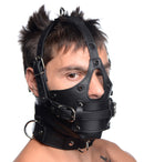 Strict Leather Head Harness with Removable Gag worn by a model, showcasing its adjustable leather design and sturdy hardware.