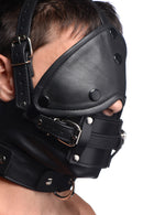 Strict Leather Head Harness with Removable Gag showcased on a model, featuring durable leather and adjustable straps.
