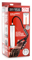 Size Matters Penis Pump Kit with 2 Inch Cylinder in packaging showcasing features and measurements.