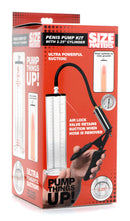 Size Matters Penis Pump Kit with 2.25 Inch Cylinder packaging featuring a clear cylinder and ergonomic hand pump.