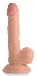 SexFlesh 7.5 Inch Realistic Flesh Dildo with Balls displayed upright on a base, showcasing lifelike texture and details.