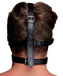 Strict Blindfold Harness and Red Ball Gag black leather head harness back view.