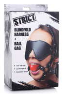 Strict Blindfold Harness and Red Ball Gag packaging with model wearing blindfold and ball gag.