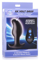 8X Volt Drop Vibrating E-Stim Silicone Prostate Massager packaging displaying design and remote control features.
