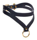 Bondage Baddie Black and Gold Collar with O-Ring featuring black straps and gold-tone hardware.