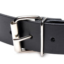 Strict Leather Dildo Strap for Chairs Black close-up of metal buckle on durable leather strap.