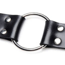 Strict Leather Dildo Strap for Chairs Black with durable leather and sturdy metal ring close-up