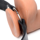 Strict Leather Dildo Strap for Chairs Black with leather strap and metal ring holding a suction cup dildo.