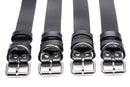 Strict Leather 4 Pack Locking Bondage Straps Black display, featuring four sturdy leather straps with metal buckles.