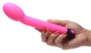 10X Silicone G-Spot Vibrator Pink held in a hand with red nails, showcasing its ergonomic design and curved shape.