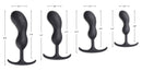 Heavy Hitters Silicone Weighted Prostate Plug Medium Black dimensions showing four sizes and shapes.