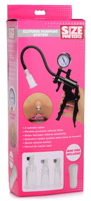 Size Matters Clitoris Pumping System with Pressure Gauge packaging featuring gauge, hose, and interchangeable cylinders.