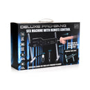 LoveBotz Deluxe Pro-Bang Sex Machine with Remote Control box showcasing features and included dildo.